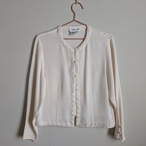 100% Silk Talbots Cream Beaded Trim Collarless Button-Front Blouse